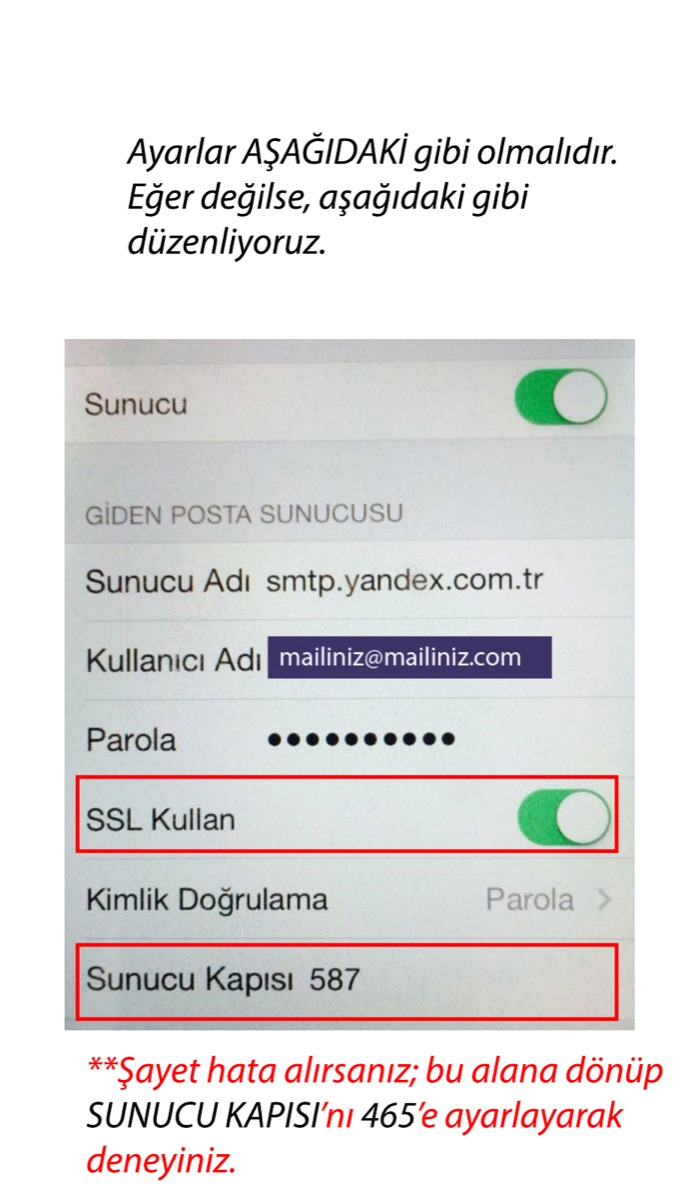 iPhone SMTP SSL ve port ayarları