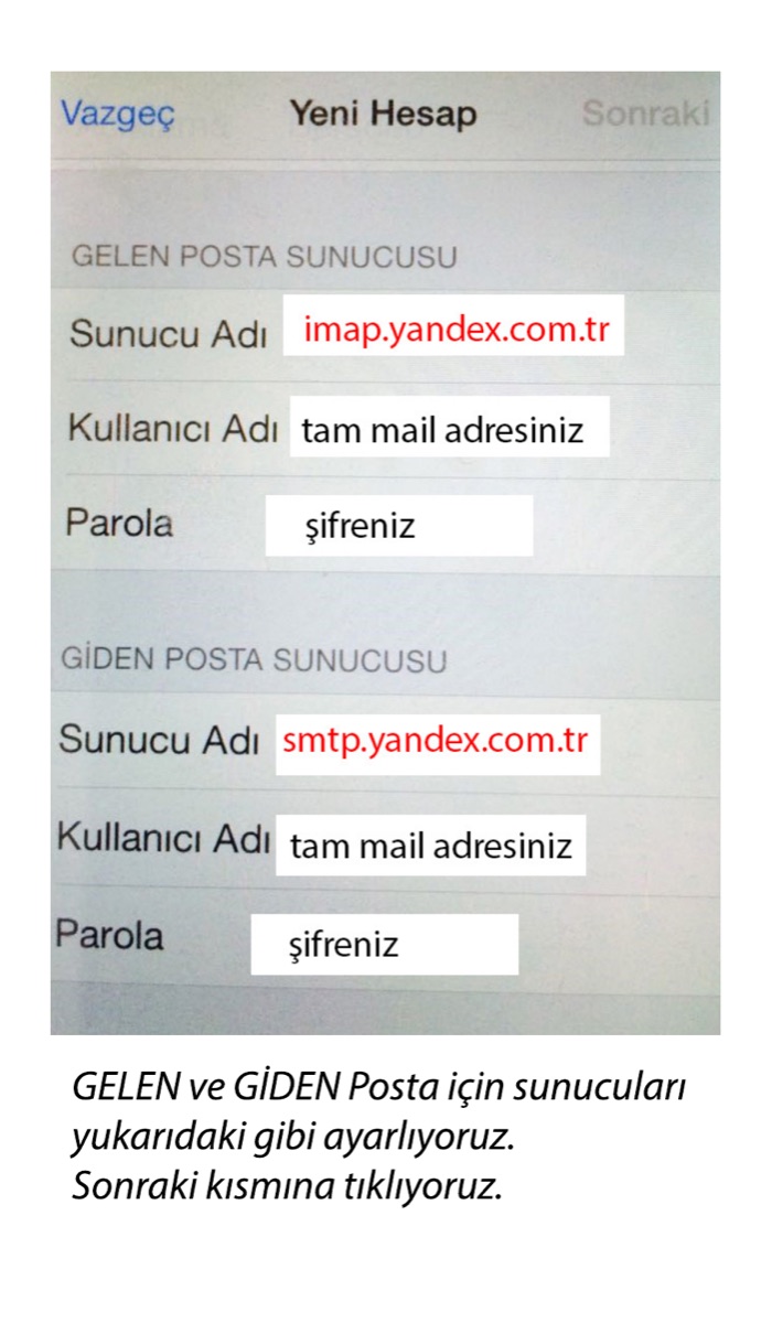 iPhone gelen ve giden sunucu ayarları